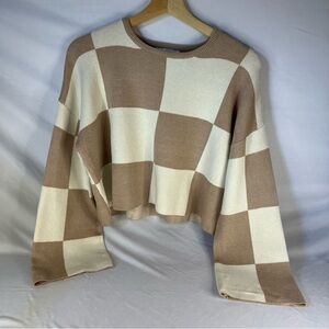 TALULAH Cream and Tan Checkered Oversized Sweater